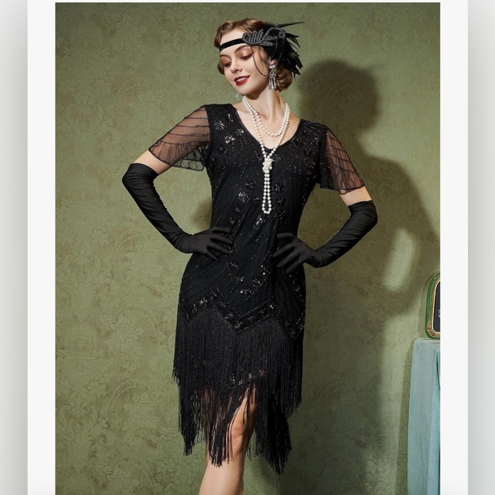 Elegant Black Sequin Fringe Midi Dress